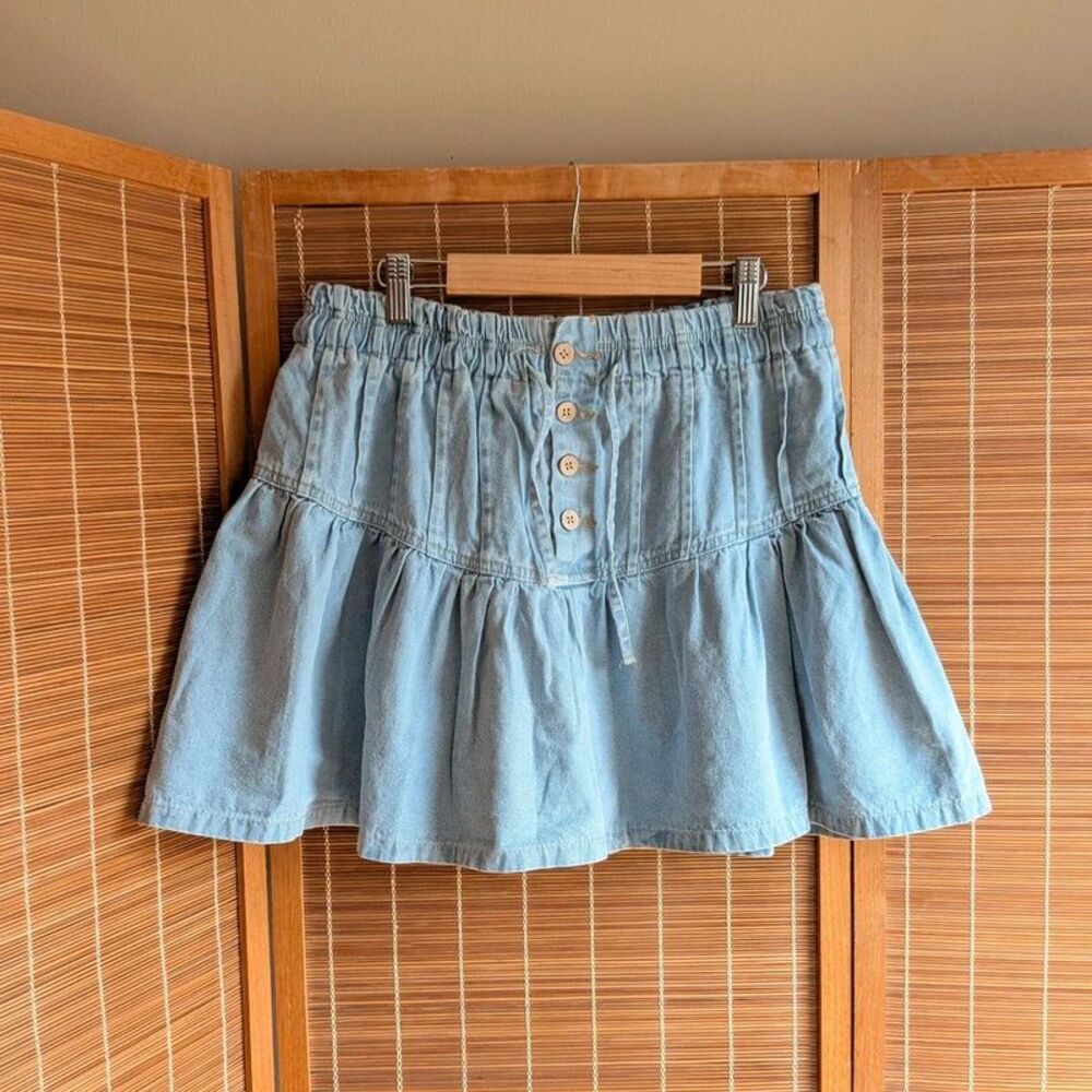 Boho Western Tiered Mini Skirt Light Wash Button Front Elastic Waist Size Large